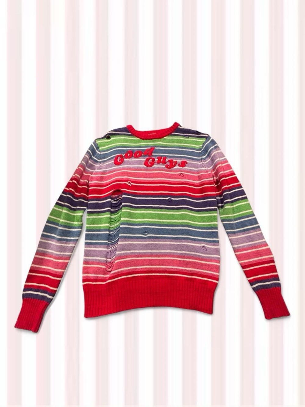 Striped 'Good Guys' Crewneck Sweater in Red Multi